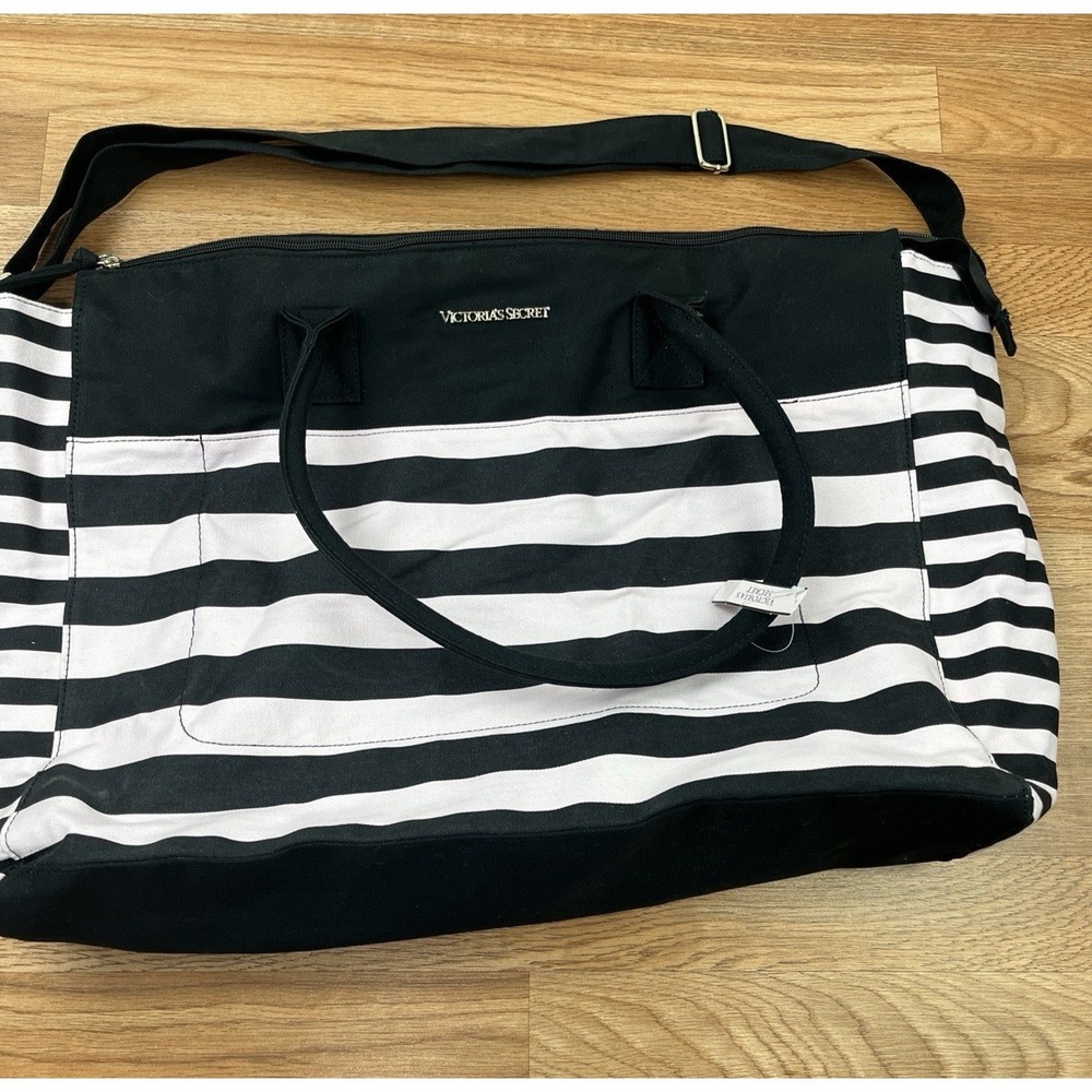 Victoria's Secret Pink & Black Stripe Large Weekender Tote Bag NEW